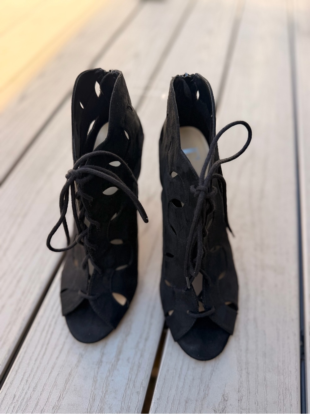 Elle Black Suede Lace-Up Cutout Peep-Toe Heels Size 10
